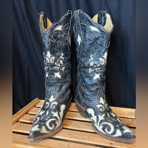 Corral Women's Genuine Lizard Black Western Boots w/Cream Inlay Design. Size 8.5